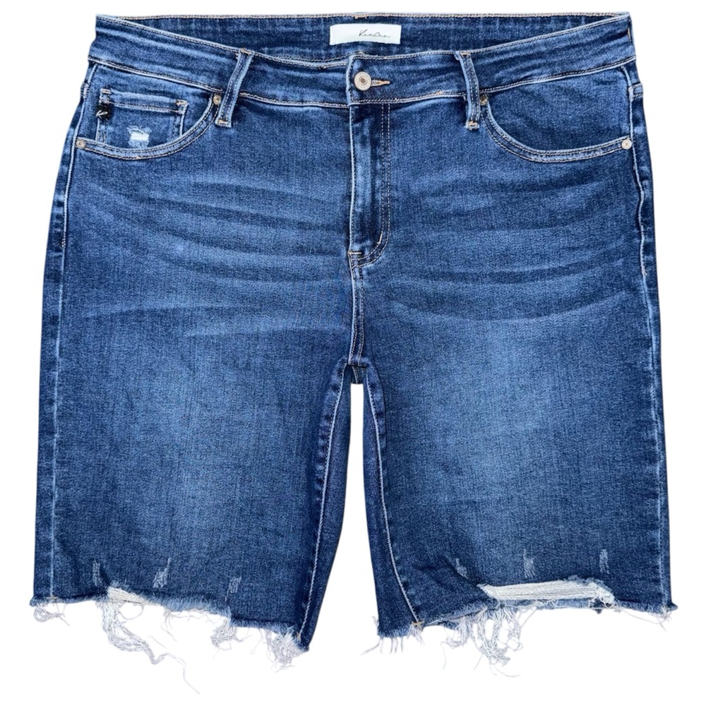 KanCan Dockweiler Mid Rise Bermuda Shorts 33 Dark Wash Stretch Denim Distressed
